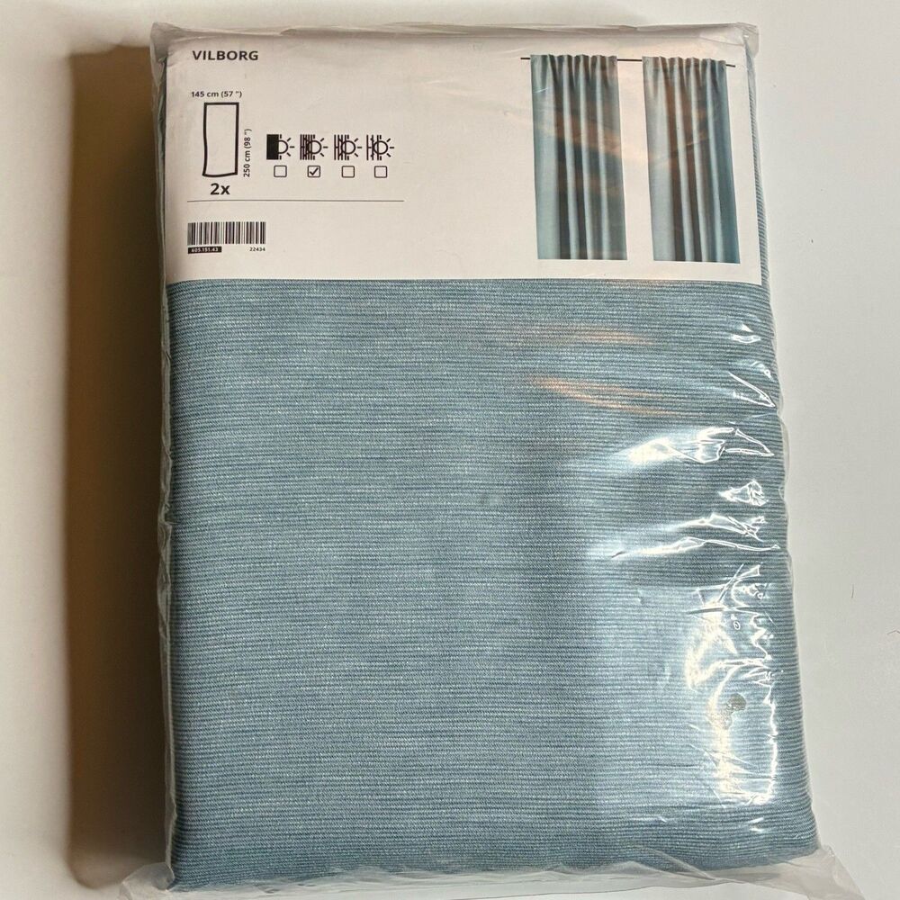 IKEA Vilborg Room Darkening Lined Curtains 57”x98” Light Slate Blue 1 Pair NEW
